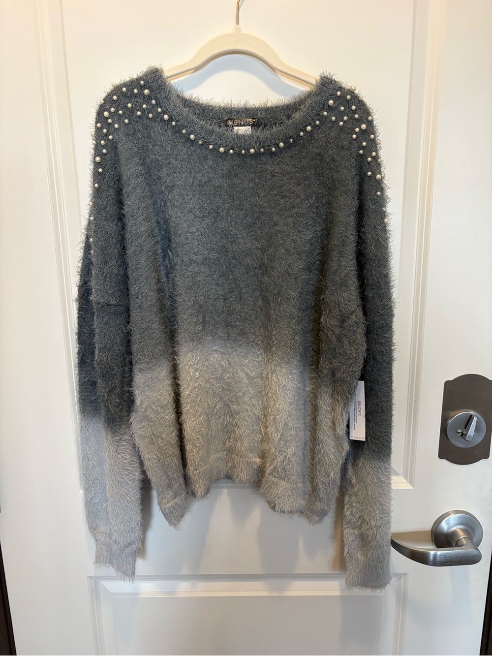 VENUS Gray Ombre Pearl-Trim Fuzzy Crewneck Sweater
